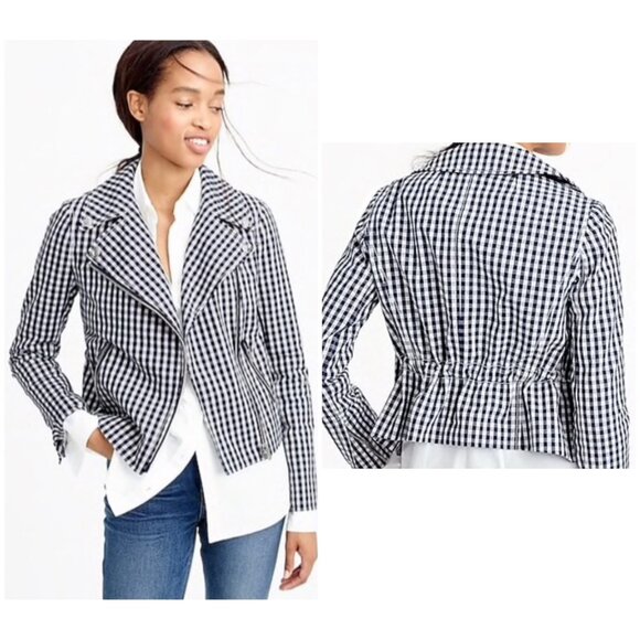 J. Crew Jackets & Blazers - J.Crew Gingham Motorcycle Crop Jacket Womens Size 4 Linen Biker Cottage Preppy